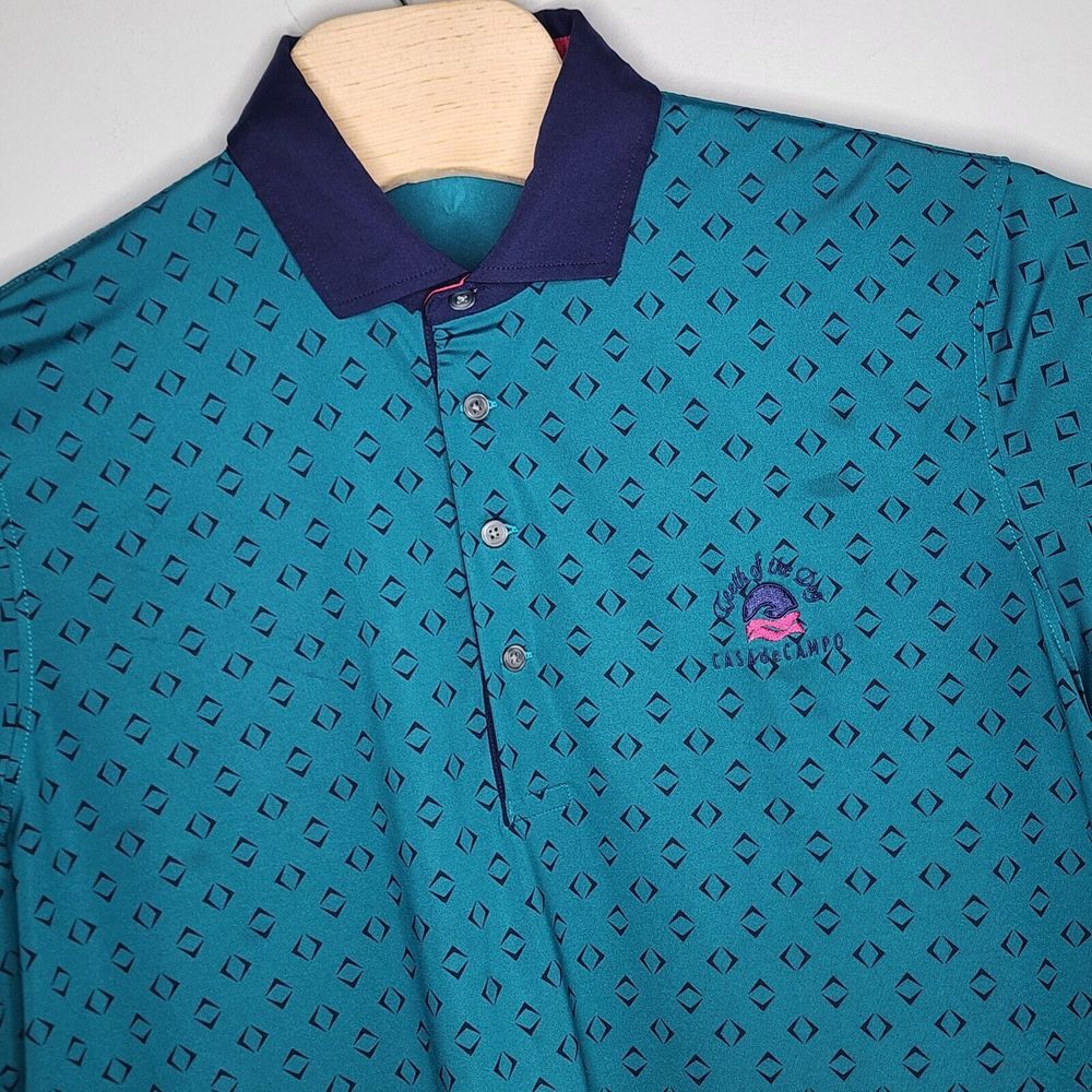 Greyson Mens Polo‎ Shirt Size L Green Logo Print Short Sleeve Stretch Side Slit